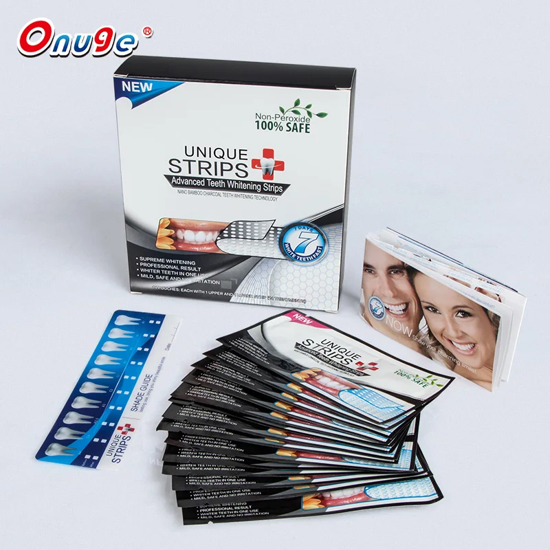 28 Pieces Dental White Onuge Tooth Cleaning Organic Bamboo Charcoal Bleaching Bright Teeth Whitening Strips Logo