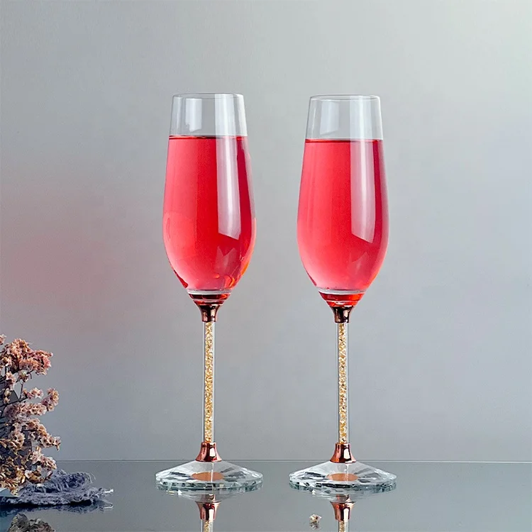 230 ml Handmade Rose Gold Diamond Long Stem Champagne Flutes Champagne Wedding Glasses Goblet