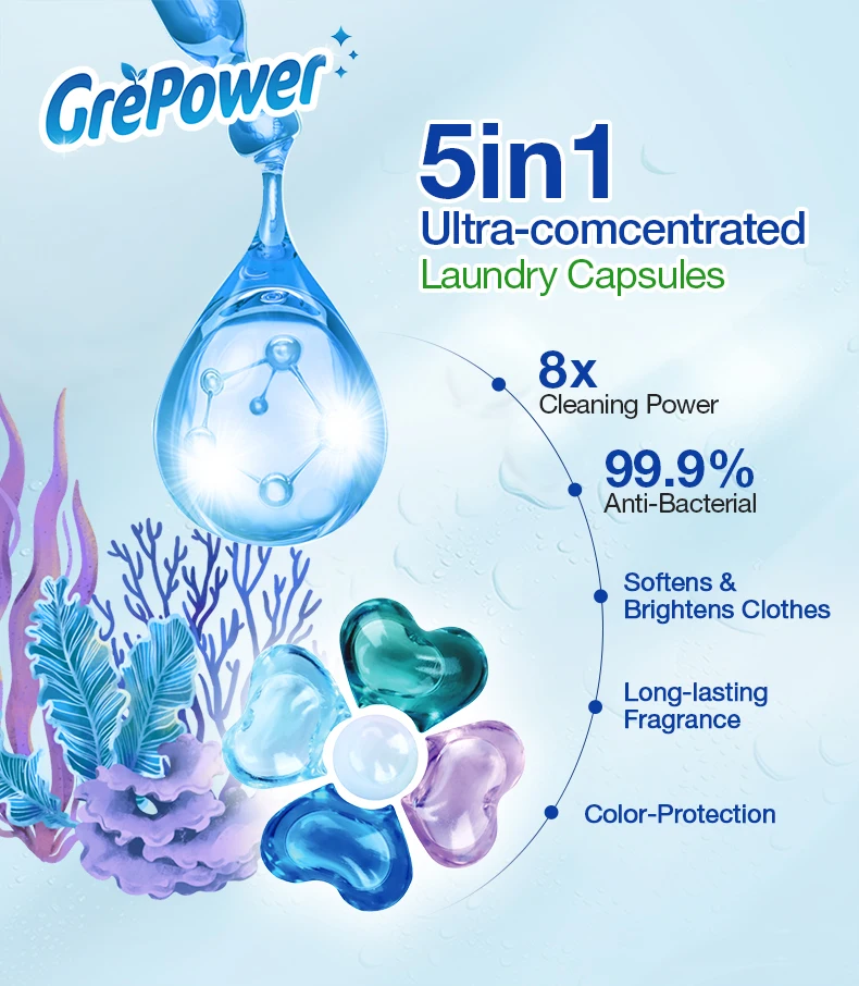 High Quality 8-Times Clean Power 99% Antibacterial Mite Removal Long Lasting Fragrance Laundry Detergent Pods