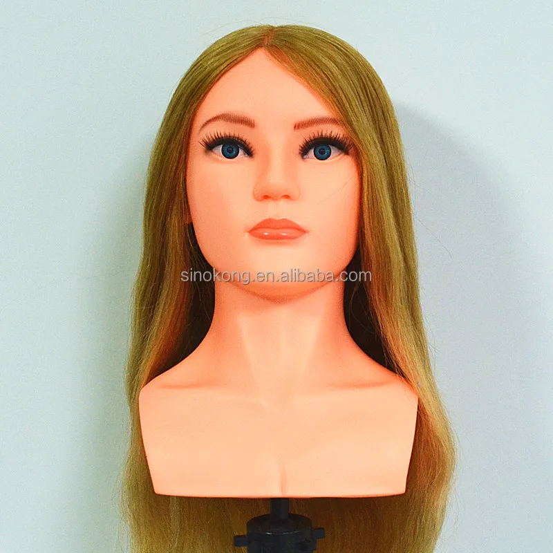 Wholesale Gold color eyelase natural hair training mannequin head with shoulder for hairdressers