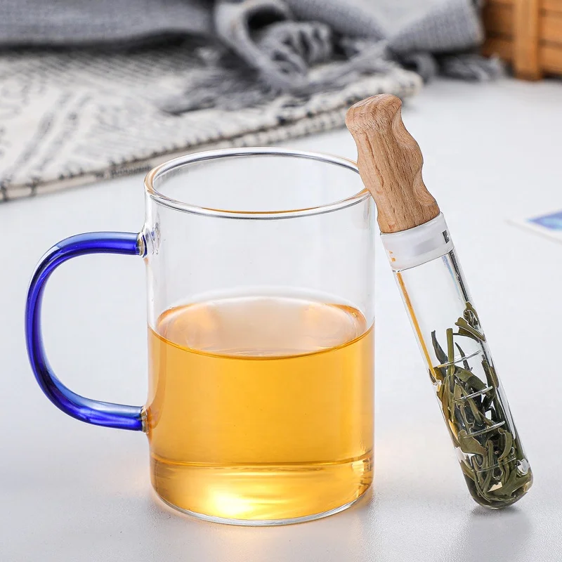 High Quality Tube Shape Tea Strainer  Borosilicate Glass Tea Infuser Diffuser with Wooden Lid