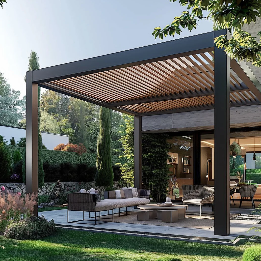 Scienlan ECO FRIENDLY outdoor terrace cedar-framed wooden pavilion with black dual steel roof for garden and backyard shading