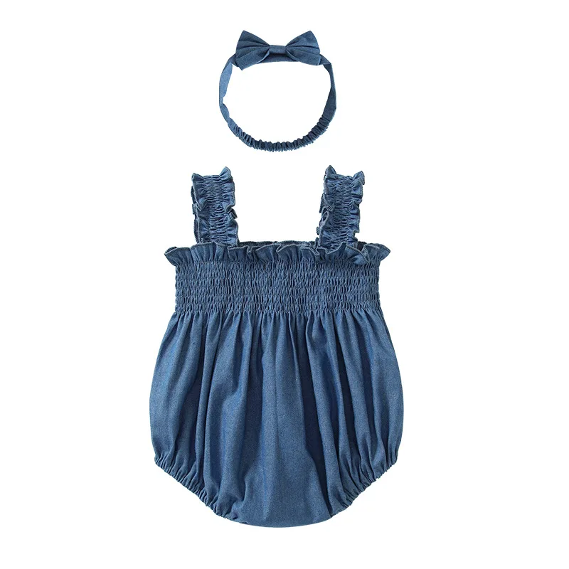 Wholesale Newborn Girls Denim Ha Clothes Korean Version Solid Color Baby Crawling Clothes Summer Dress Triangle Fanny Clothes