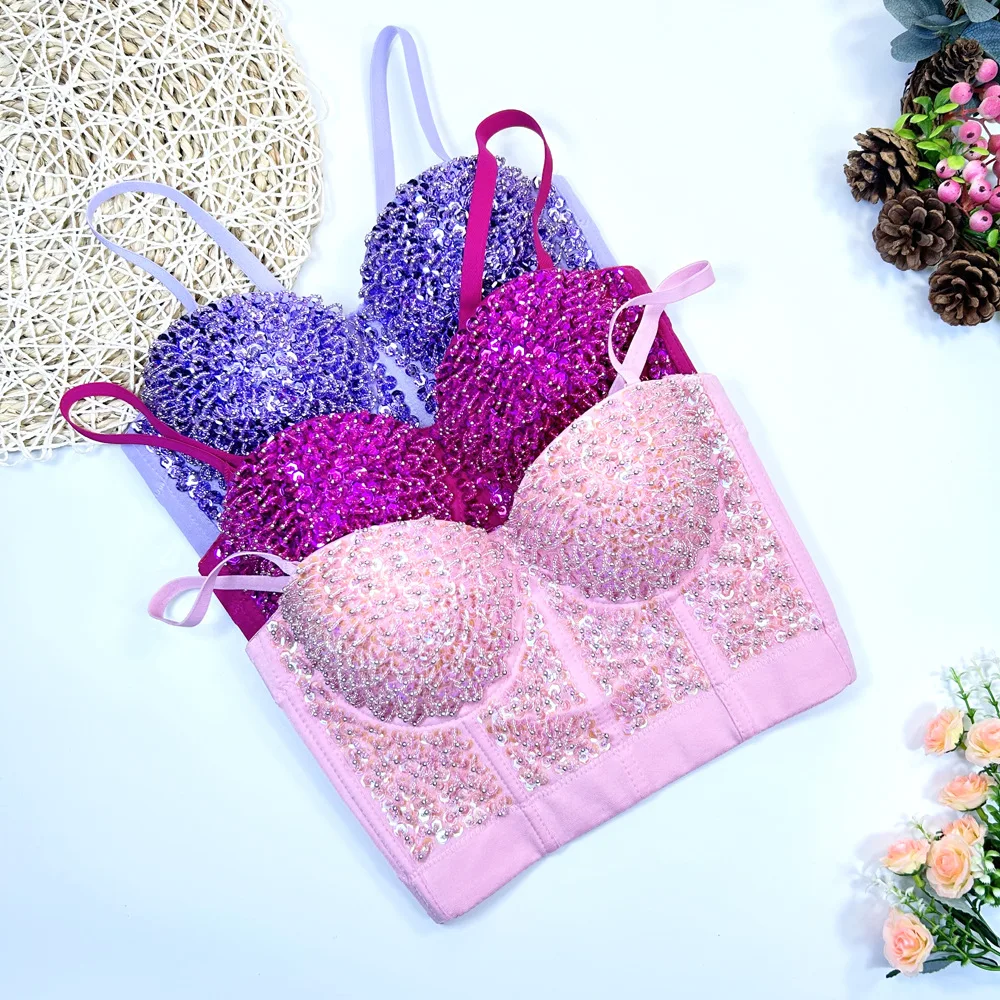 Handmade Beaded Padded Straps Women Ladies Cropped Tops Boning Corsage Bustier Bra Bustier Corselet Silver Sequin Gold Corset