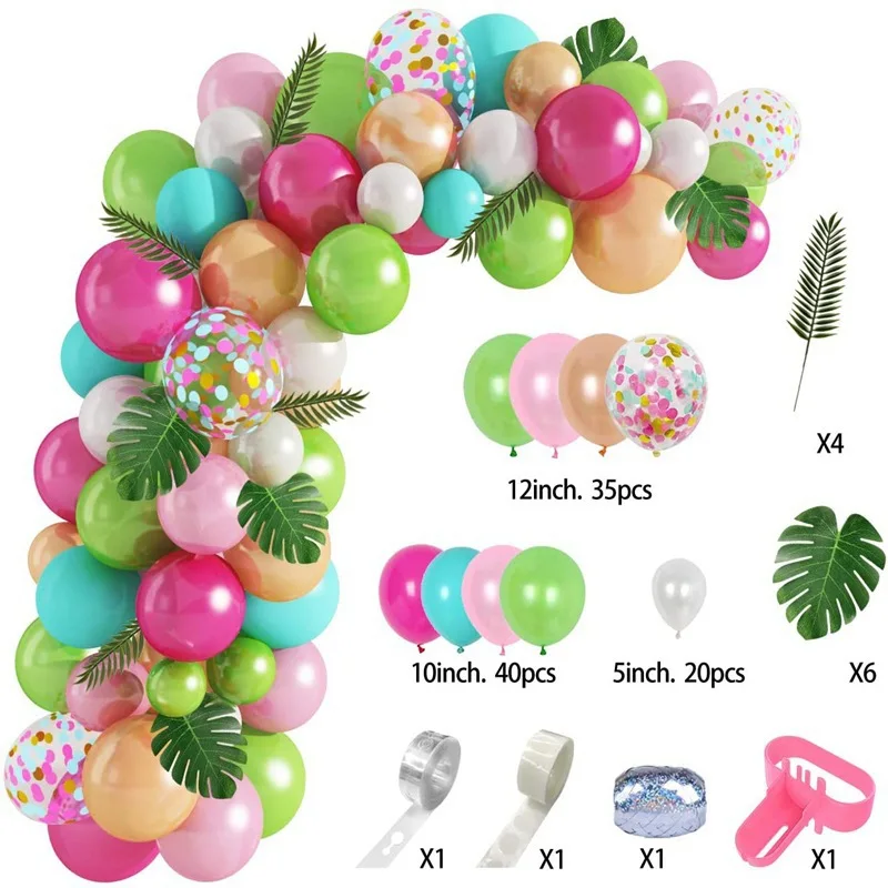 Hawaii Tropical Style Carnival Summer Holiday Palm Leaves Green Fuchsia Fruit Pitaya Color Latex Balloon Garland Arch Set
