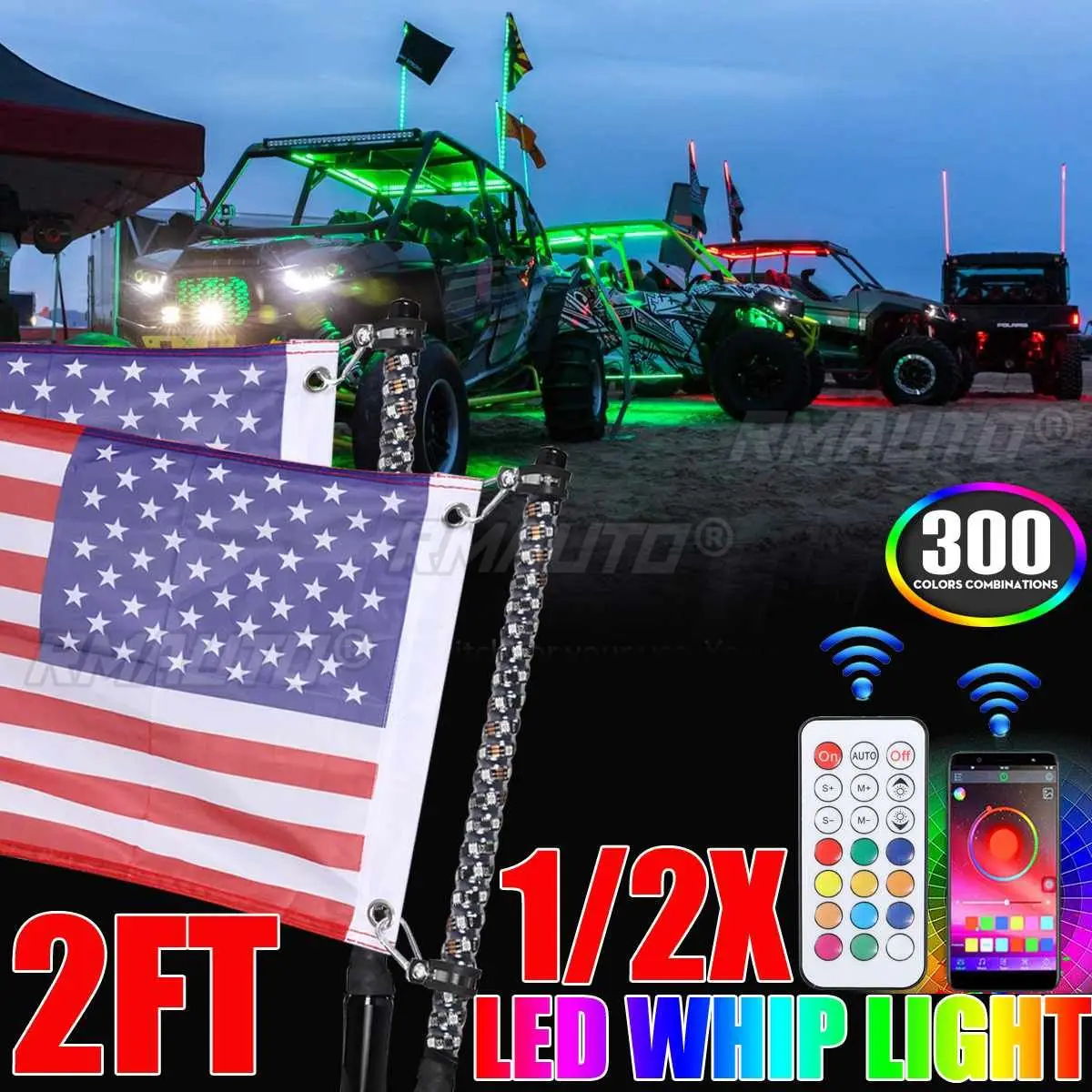 2FT RGB Waterproof Bendable Remote Control Multi-color LED Flagpole Lamp Light Super Bright Whip Light for SUV ATV UTV, RZR