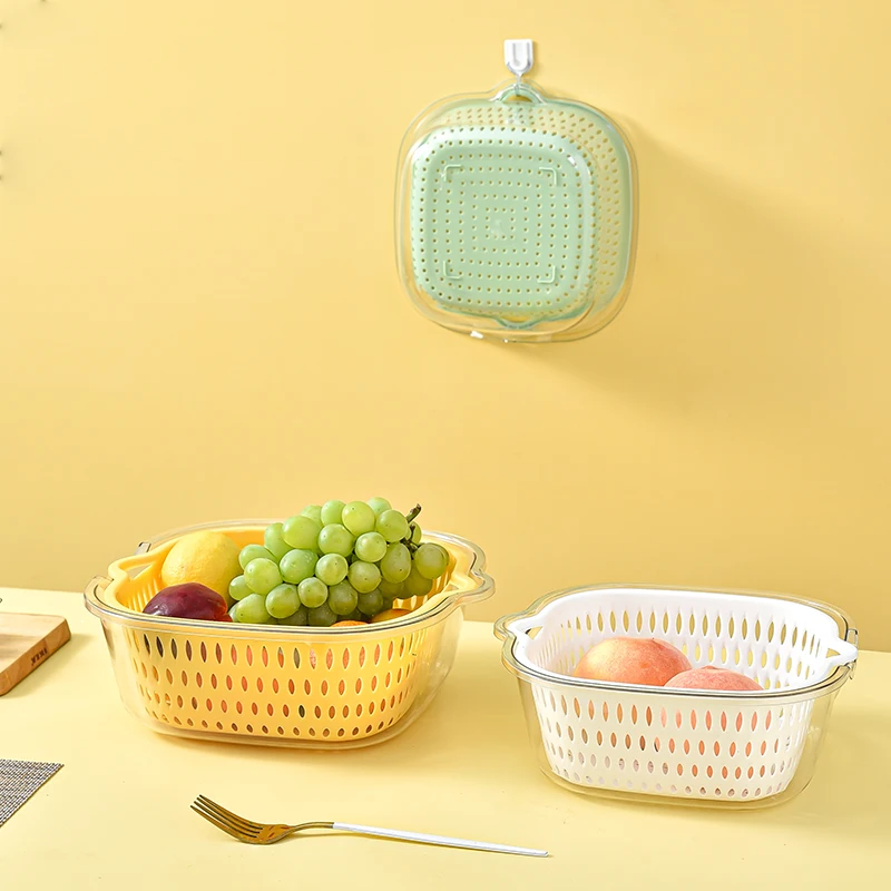 Home kitchen double-layer multi-functional vegetable and fruit washing basket PET  plastic drain basket with handle