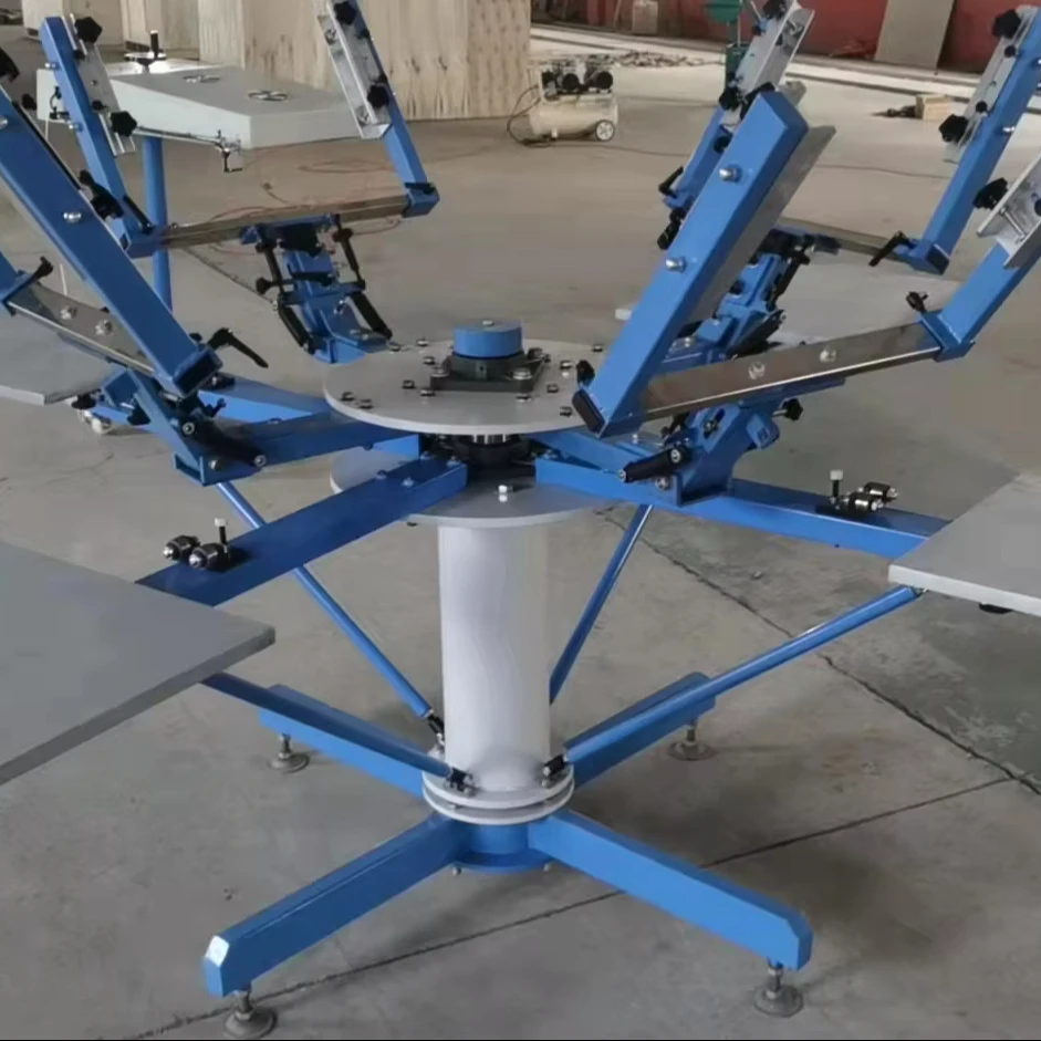 Manual 4 6 8 Color Rotary Screen Printing Press Machine With Double Clampsµ Registration for Cotton t Shirts