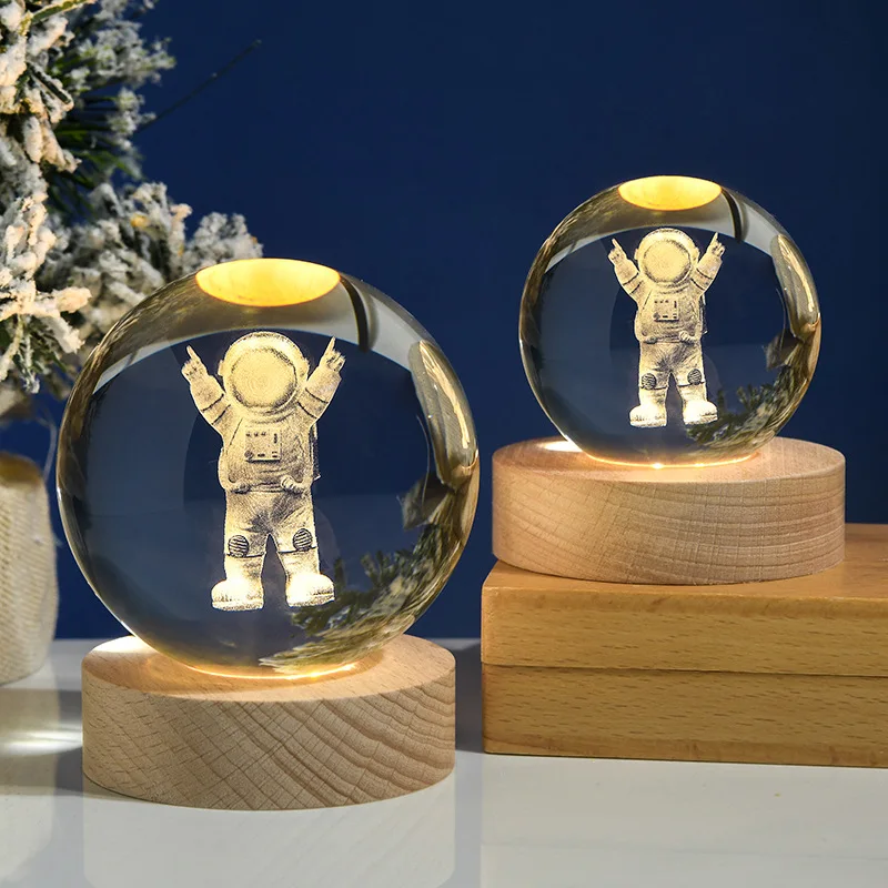 6cm Crystal Ball Led 3d Art Internally Carved Luminous Wood Base Lights Gift Colorful Gradient Plug in Baby Kids Night Light