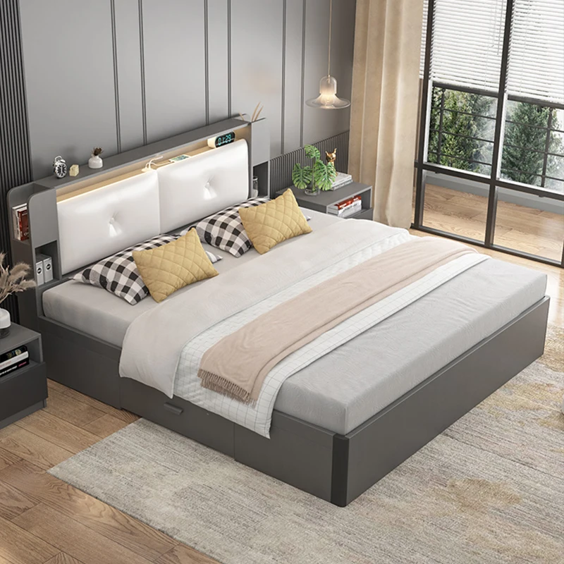 Nordic Bed Simple Multilayer Solid Wood Plywood High Box Storage Panel Bed Bedroom Furniture Factory Sales At A Low Price