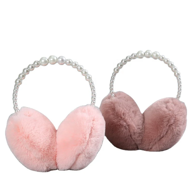 pompom  Warm Faux Fur Earmuffs Cute Pearl embellished Plush Earmuff for Girls Ladies Women Hairbands Elegant  Ear Muffs
