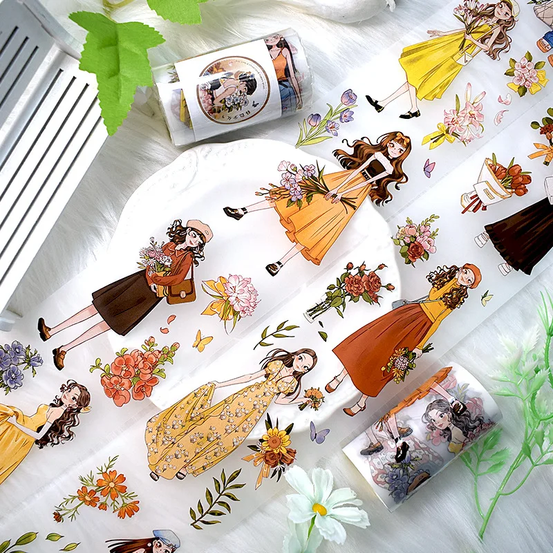 2M/Roll Handbook Tape Watercolour Flower Fresh Character DIY Collage Black and White Decoration Border Flower Material PET Tape