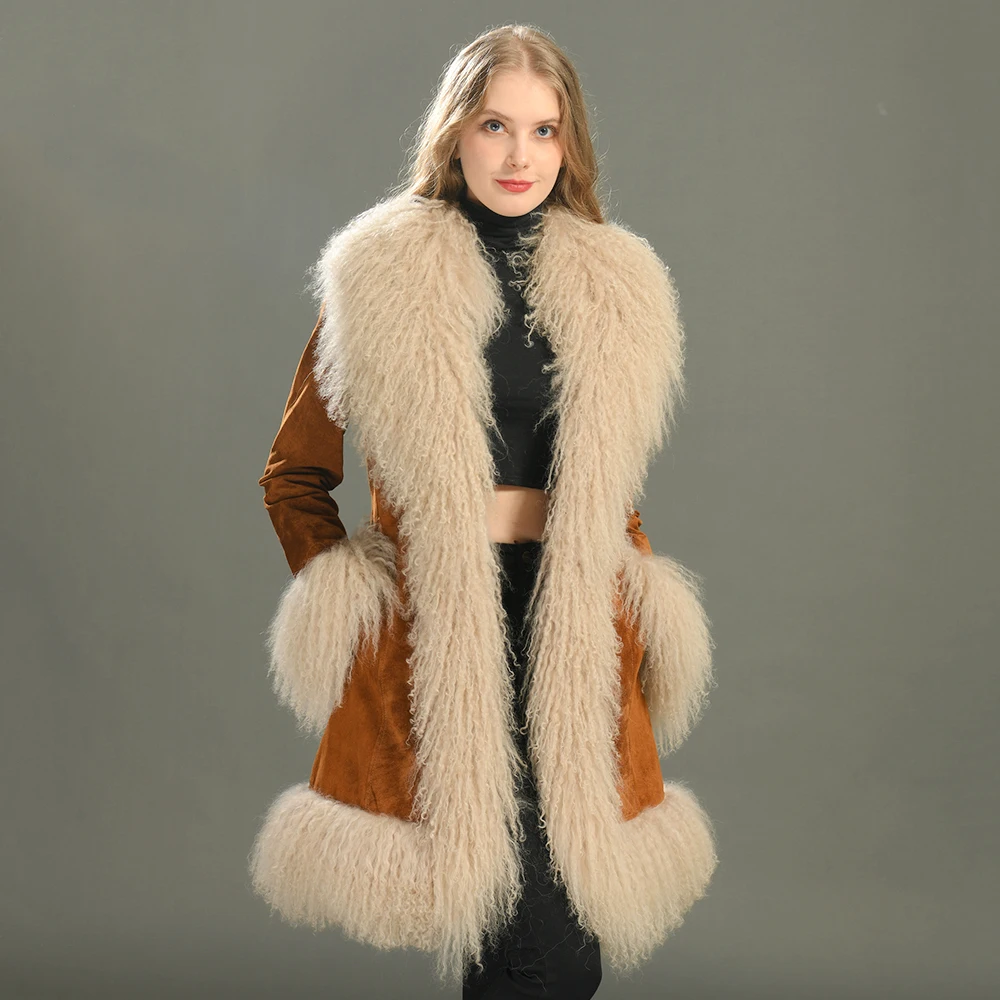 Fashion Luxury Genuine Sheep Leather Trench Coat Big Real Mongolian Lamb Fur Collar Custom Winter Suede Leather Coat for Women