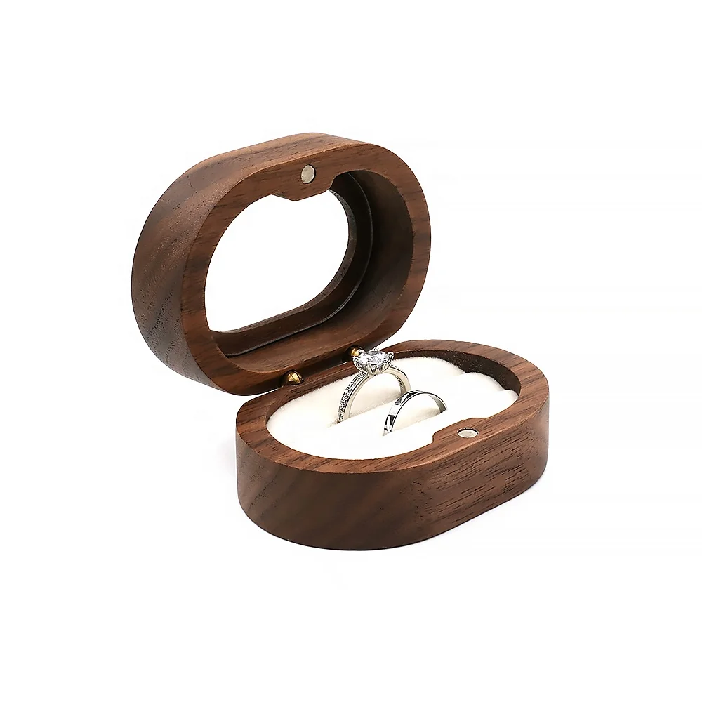 Fancy Black Walnut Oval Jewelry Ring Gift Window Wooden Ring Box
