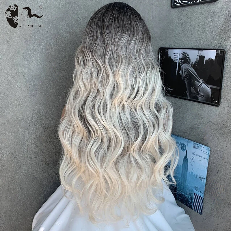 Long Wavy Wig Ombre Blonde Wigs for Women Synthetic Curly Hair Wig Middle Part Heat Resistant Daily Cosplay Use 24 Inch