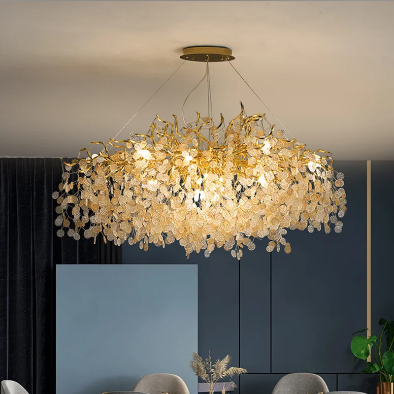 Modern Light Luxury Rain Drop Golden Aluminum Branch Creative Glass Led Chandelier
