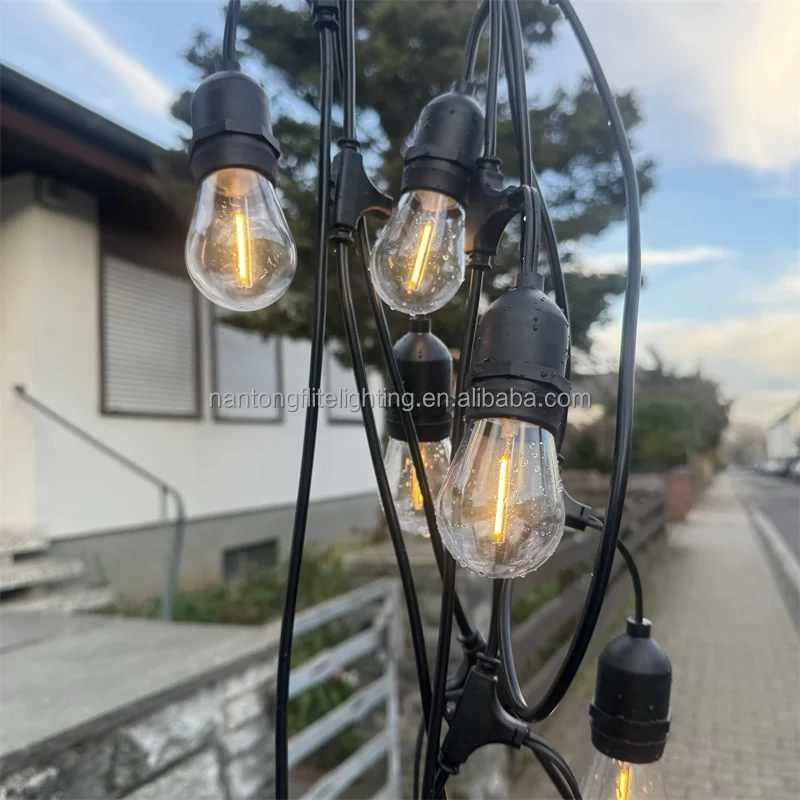 48FT 15sockets US Plug Commercial Grade Weatherproof Heavy Duty E26 S14 1W LED Bulb Festoon Outdoor String Lights