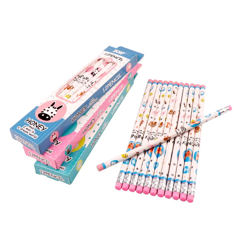 Topsthink 12pcs Custom Hexagon Cheap School HB Wooden Pencil with Eraser Top