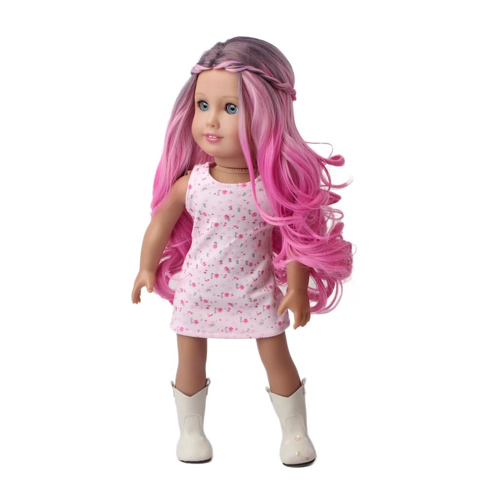 Delicate Rose Pink Medium Split Wavy Curly Hair Doll For Girls Toy Kids Synthetic Wig