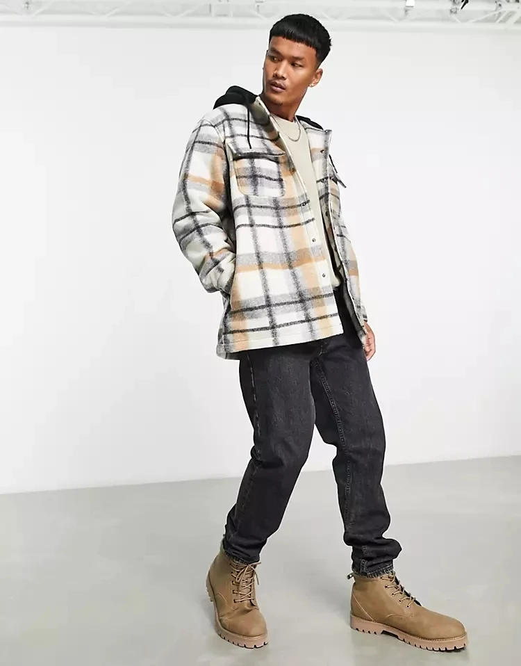 OEM custom button open oversized woolen Irregular plaid with black hood fashion winter jacke