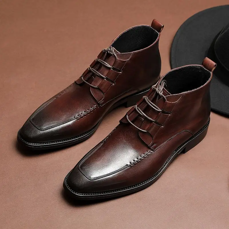 Мужские туфли-оксфорды из натуральной кожи высокие берцы квадратный каблук резная обувь черные