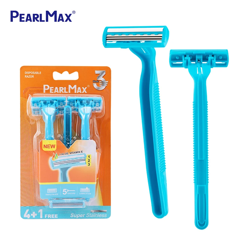 Pearlmax 5pcs/pack Blue Thriple Blades Body Facial Shaving Kit Plastic Handle Women Disposable Razor