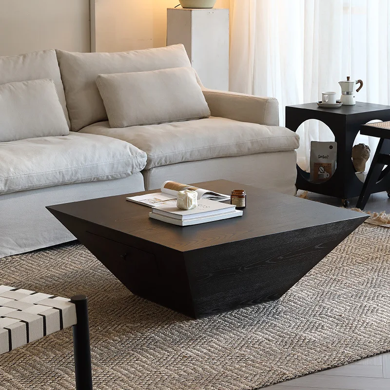 Nordic Retro Styled Solid Wood Living Room Coffee Table Vintage Natural Wooden Round Rustic Black Coffee Table