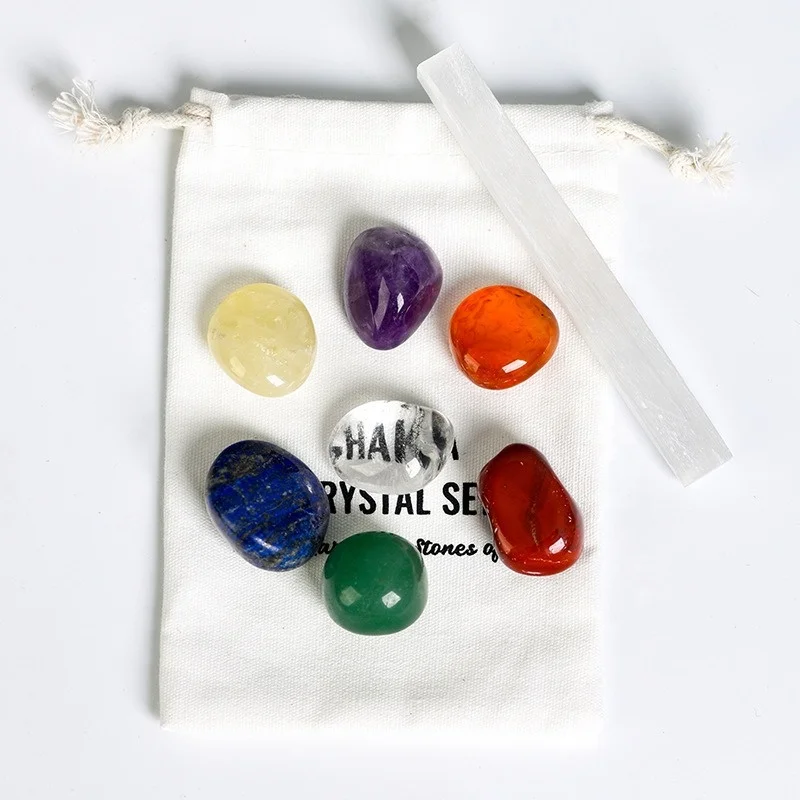 7pcs Natural Crystal Rolling Stone Chakra Set Selenite Board Energy Transmission Healthy Quartz Chakra Yoga Gem kit