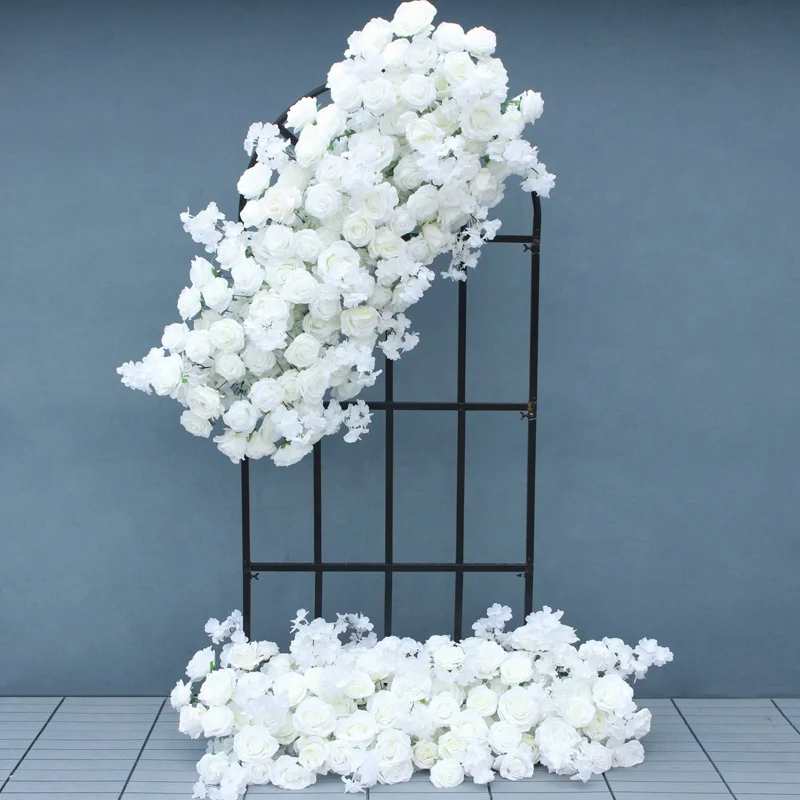 White Artificial Rose Cherry Blossom Arch Decor Hang Flower Row Wedding Backdrop Floral Arrangement Party Window Display