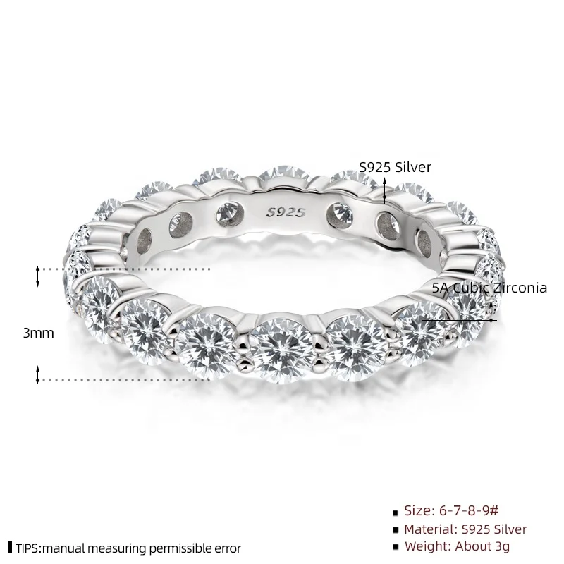 2022 silver cz eternity ring pave 3mm cubic zirconia engagement band 925 sterling silver round cut cubic zircon ring