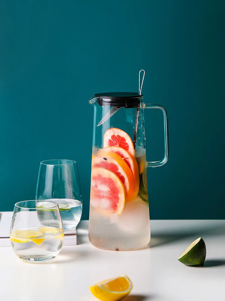 48oz Glass Water Pitcher with Stainless Steel Lid Cold Beverage Carafe for Juice Lemon Jug