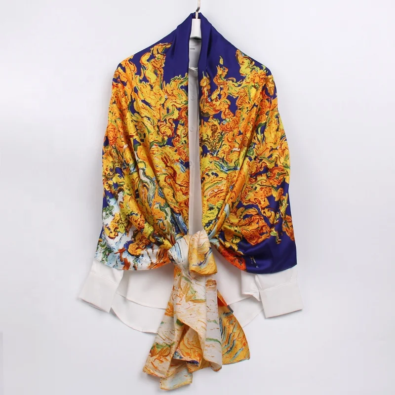 Wholesale New Fashion Scarf Oil Painting Printed Twill Polyester Silk Scarves For Women