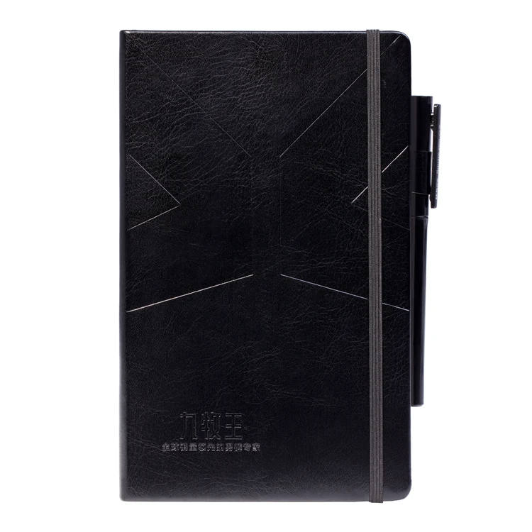 Notebook Manufacturer Custom Printing A5 Hardcover Black PU Leather Cover Lined Pen Loop Elastic Lined Business Notebook Journal
