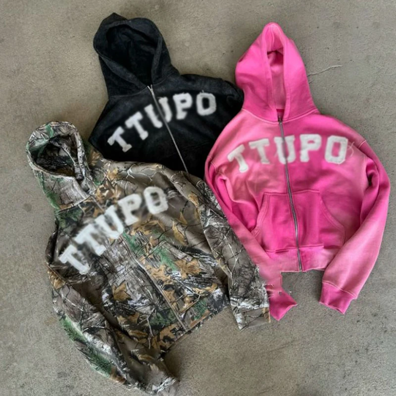 Custom streetwear clothing hoodie manufacturer men distressed patch camouflage jacket applique embroidery zip up camo hoodie