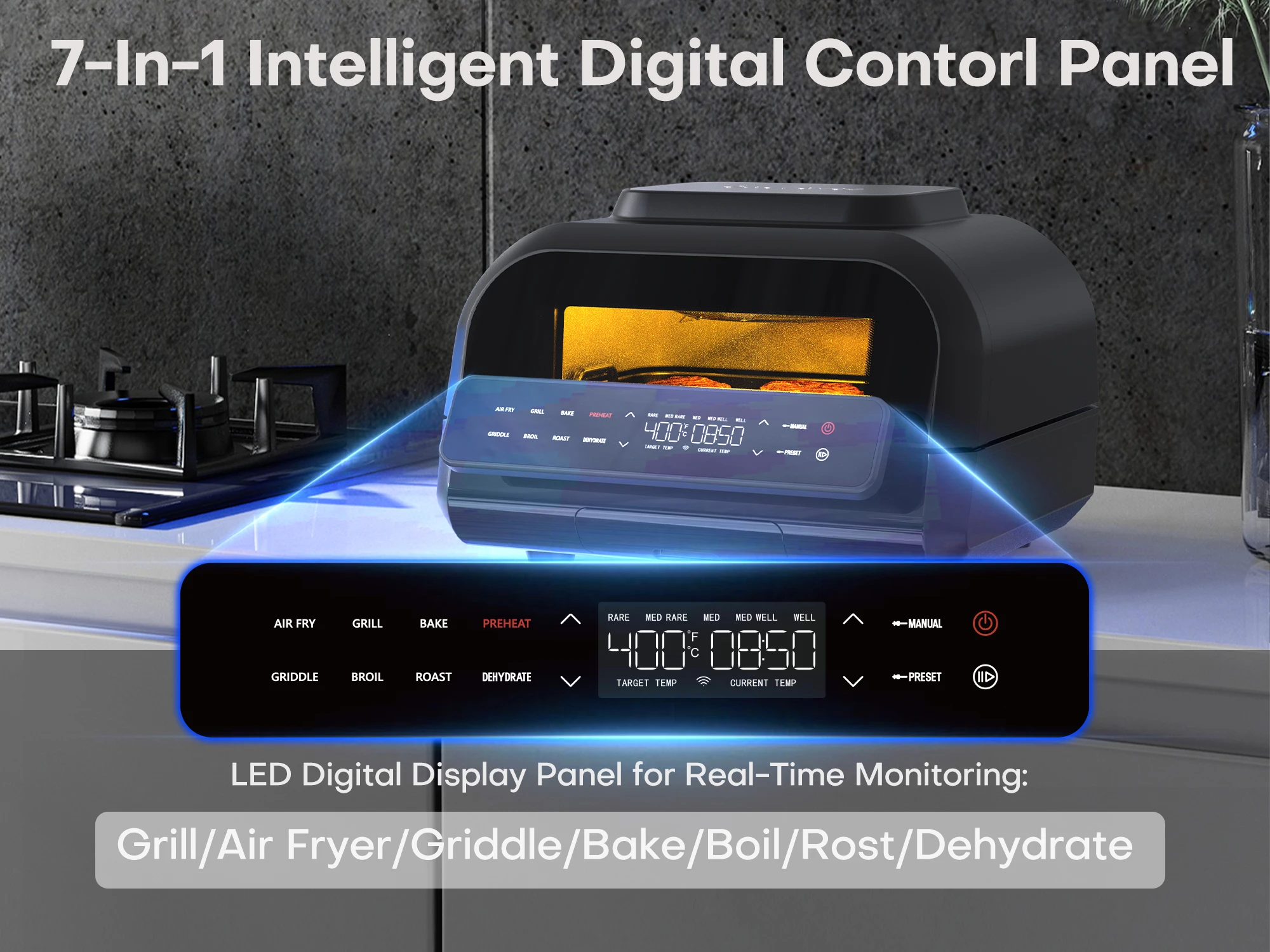 Black Household Portable Digital Touch Screen Panel With Transparent Windows Indoor Smart Kitchen Appliances Electric Deep Frye