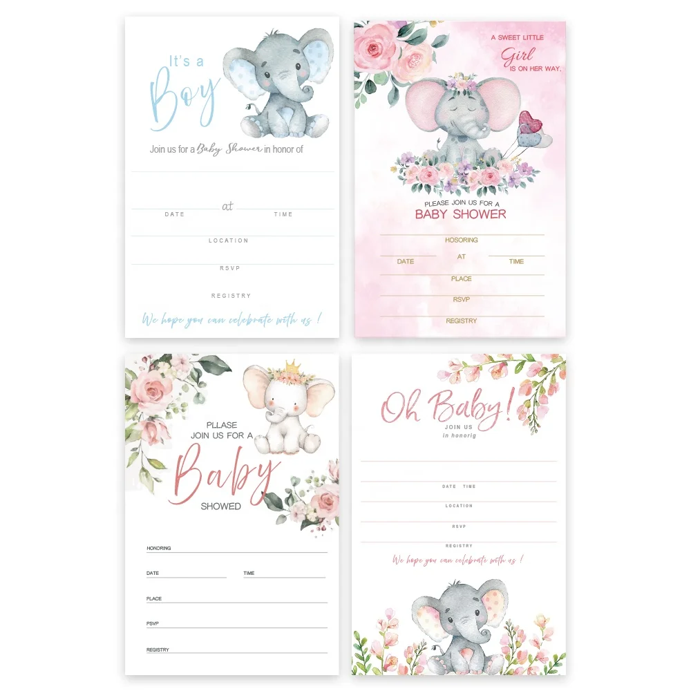 PAFU Floral Pink Blue Elephant Invitations for Boy Girl Set of 25