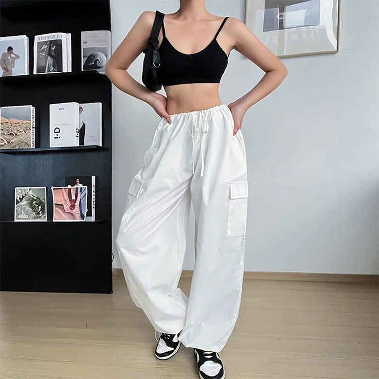 Streetwear fashion ladies woman wide leg pant trousers custom logo drawstring waist cargo pants for women