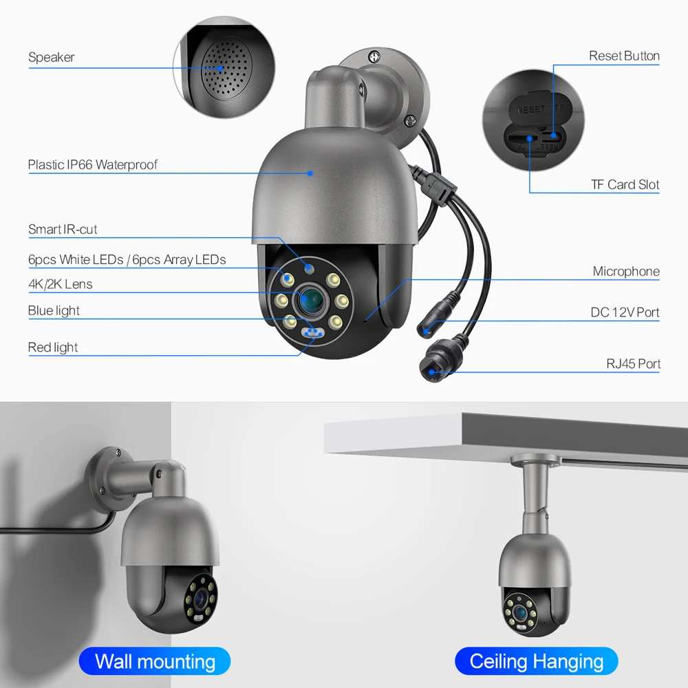 Techage PTZ 4K Outdoor CCTV Poe TF Card 8MP Network Camera H.265 Surveillance Camera System