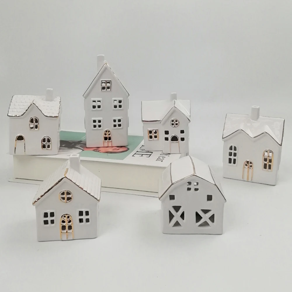 Wholesale Porcelain Lighted Customized House Tealight Holder White Ceramic Christmas Village Houses