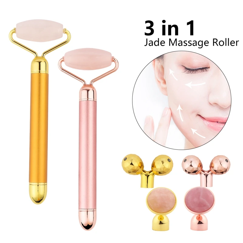 3 in 1 Electric Jade Roller Vibrating Facial Roller Rose Pink Quartz Skin Tightening Best Jade Roller