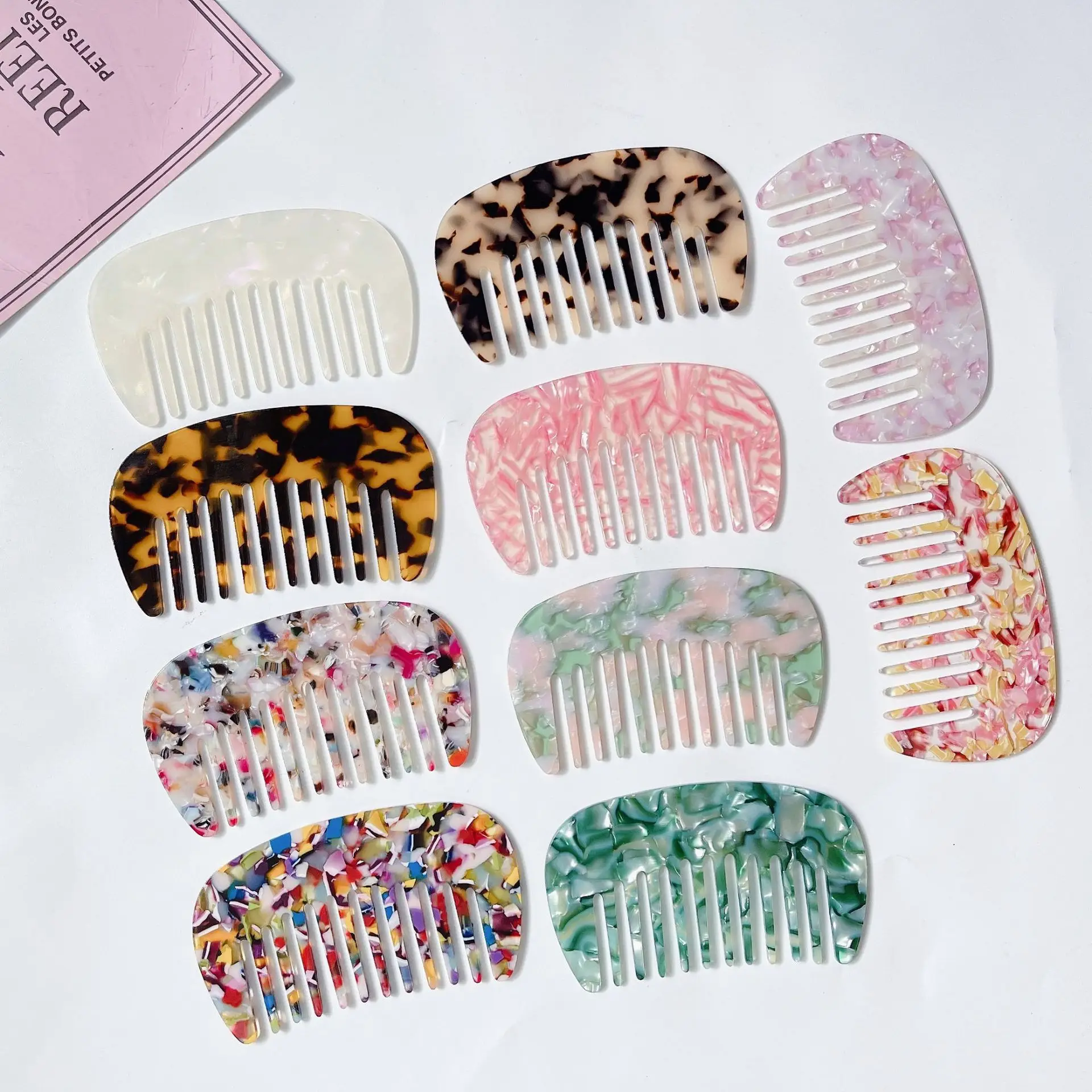 Custom Anti Static Detangle Acetic Acid Hair Comb Portable Marble Cushion Wide Tooth Hair Brush Cellulose Acetate Comb