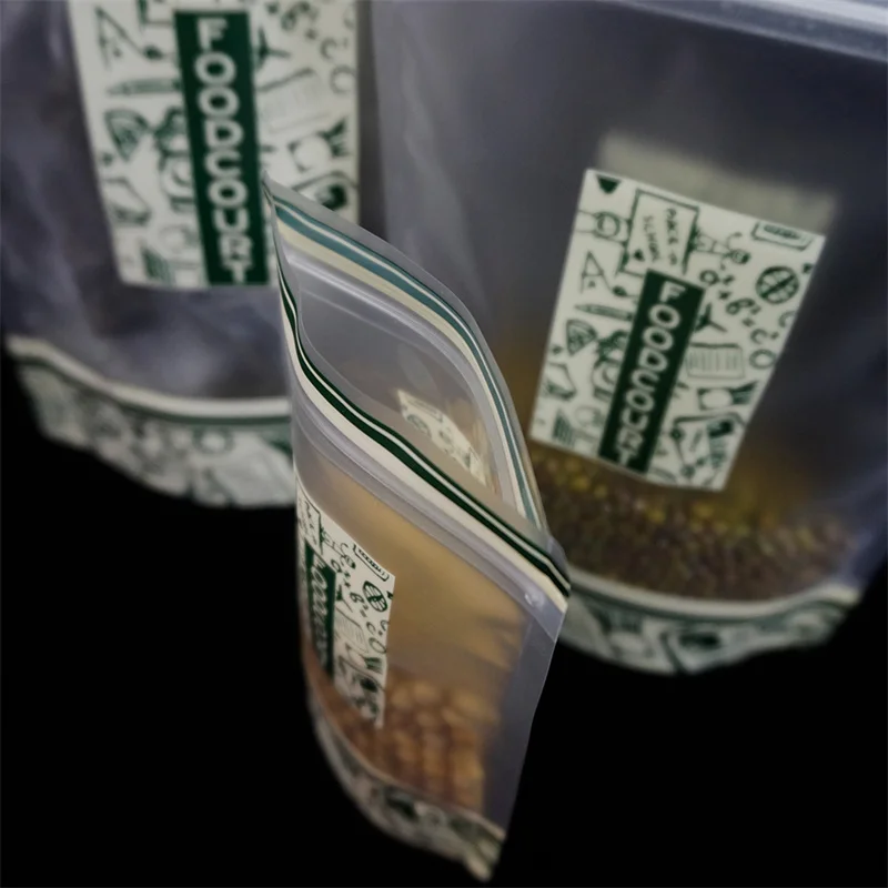 Resealing Bag Matte Transparent Stand Up Zip Lock Bags With Green Printed Plastic Pouch Zipper Grip Seal Beef Jerky Pack
