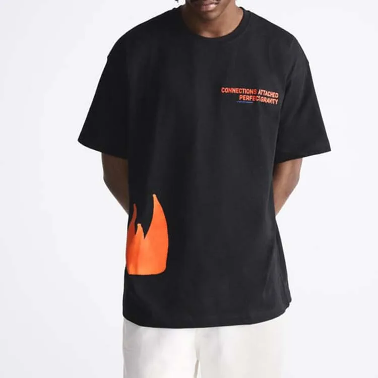 Korean fashion flame pattern men t shirts front contrast graphic prints t shirt