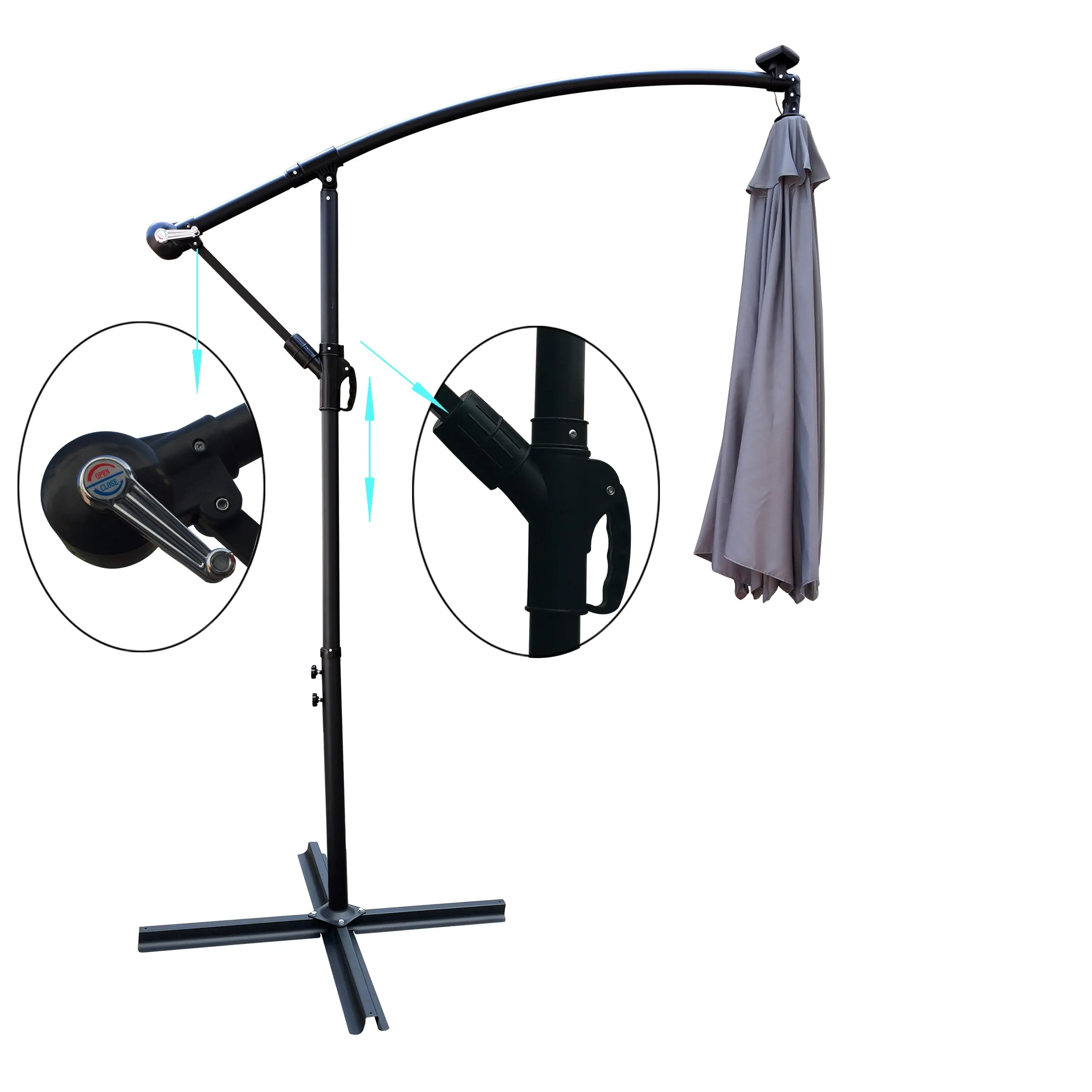 Factory Hanging Cantilever Market Patio Umbrella Offset Patio 10FT Solar LED Outdoor Umbrella Steel Cross Base