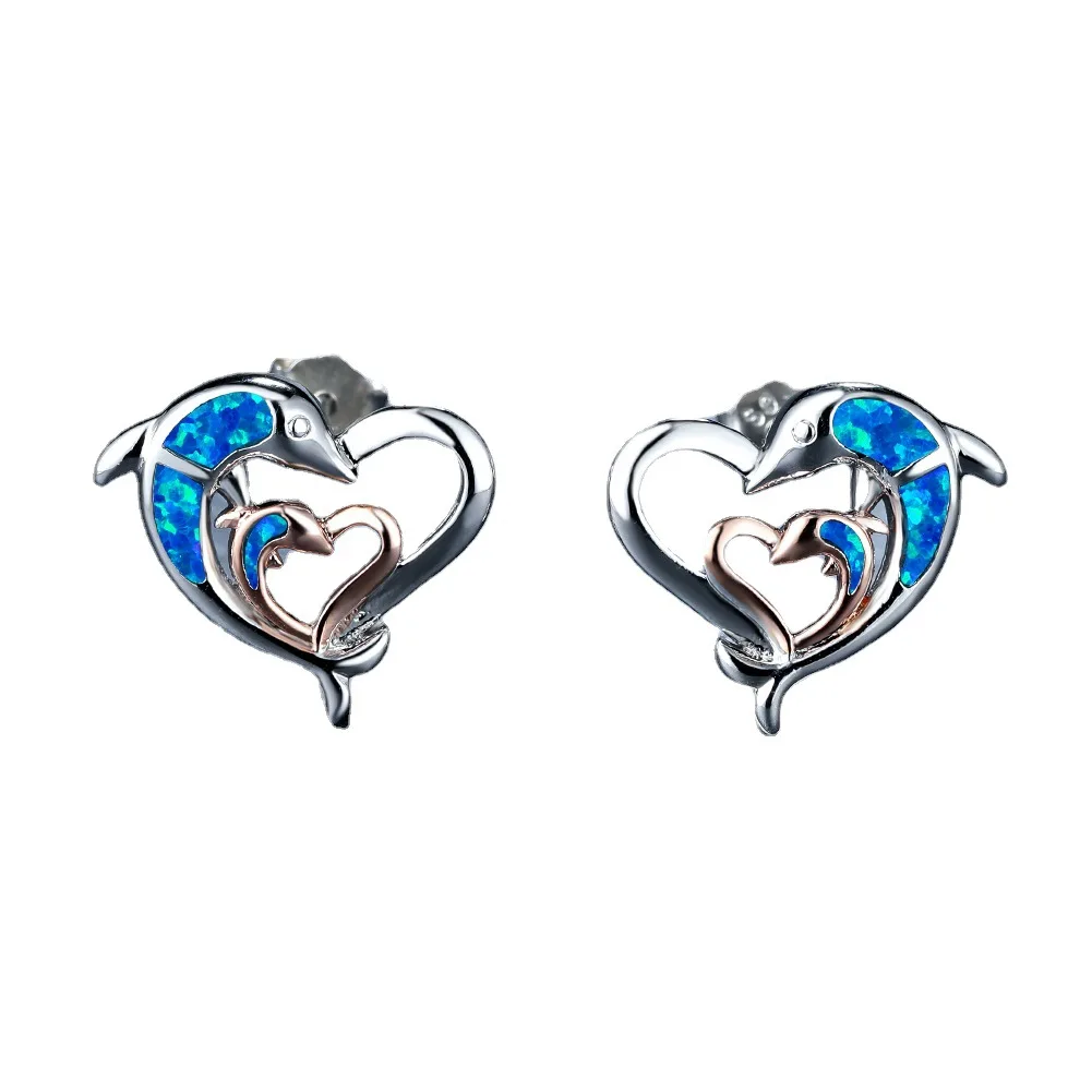 JCA Two Tone Lovely Heart Dolphin Opal Earrings Earring Jewelry
