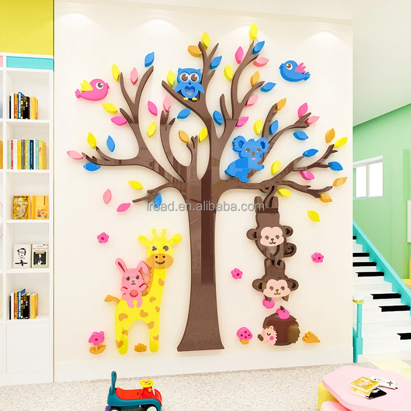 kids room forest cartoon animal acrylic wall paste monkey owl koala wall decorative mural boy bedroom kindergarten mural