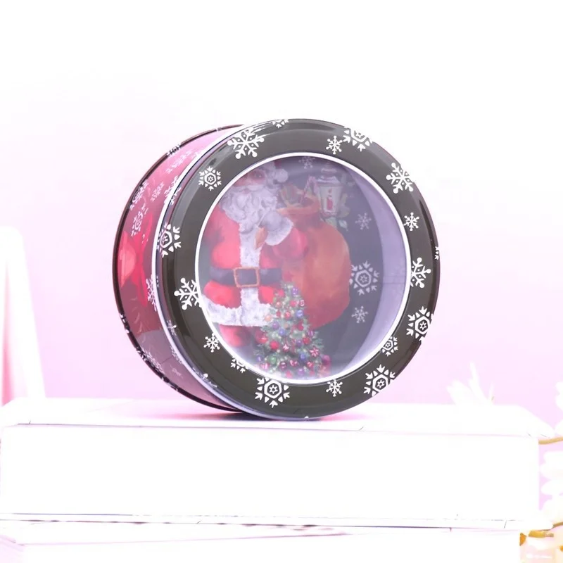 XJH Christmas Tins with Window Cans Cookie Box Santa Gifts Box Round Cake Tin Box Christmas Tin for Gift Candy Cookie Package