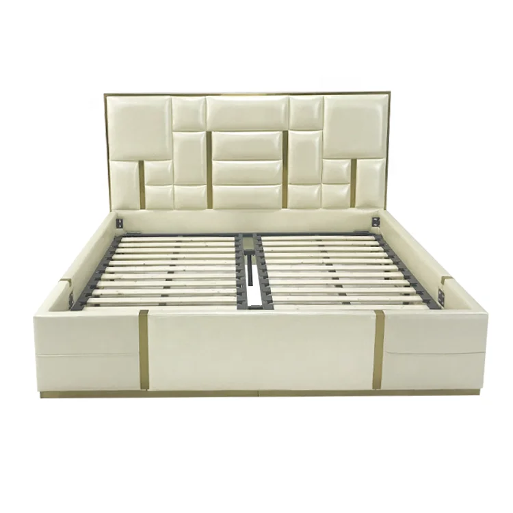 
Luxury bed room furniture super king size headboard metal slat platform bed frame white couple leather queen size double bed 