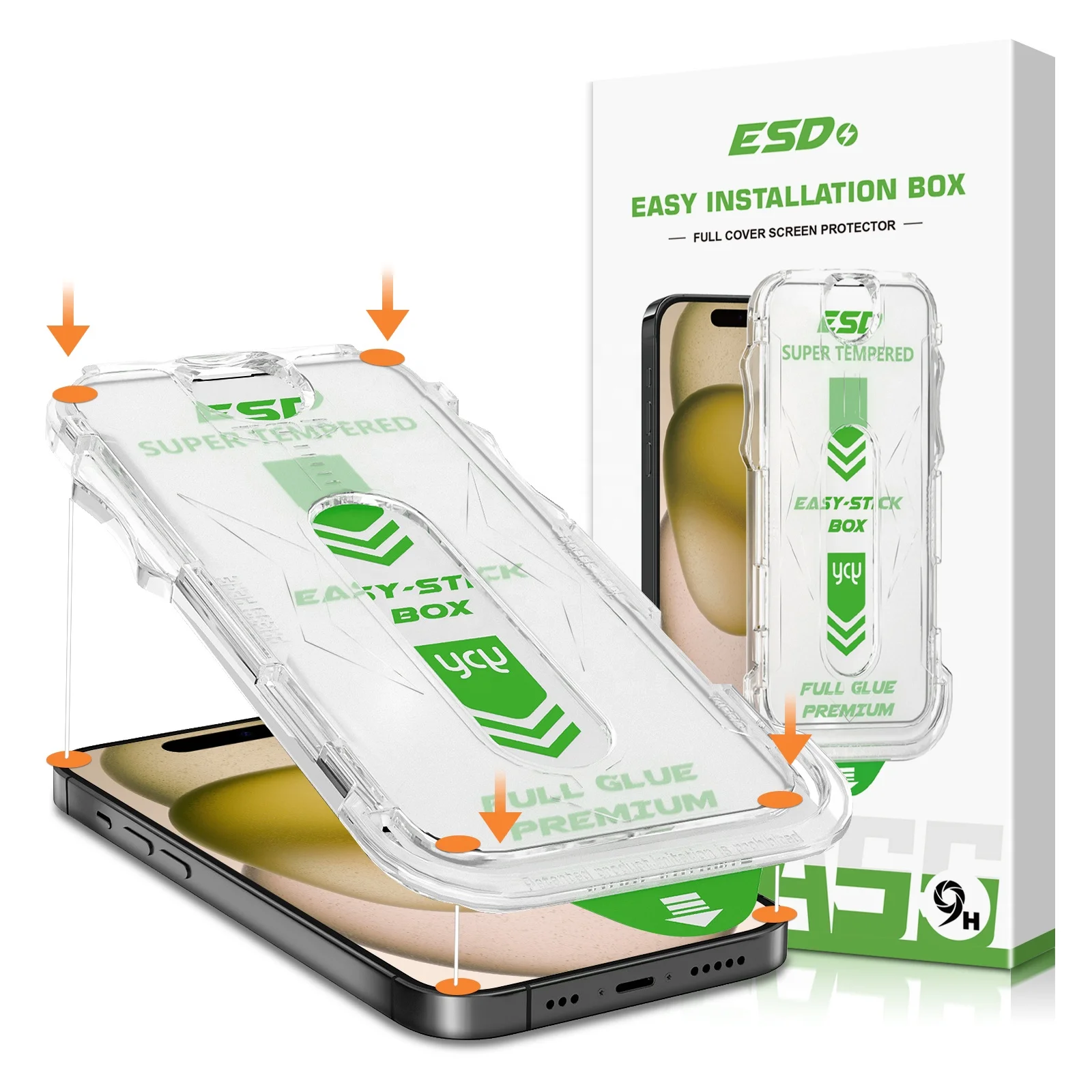 YCYMO 3D easy install box ESD tempered glass for iPhone 13 14 15 pro max screen protector