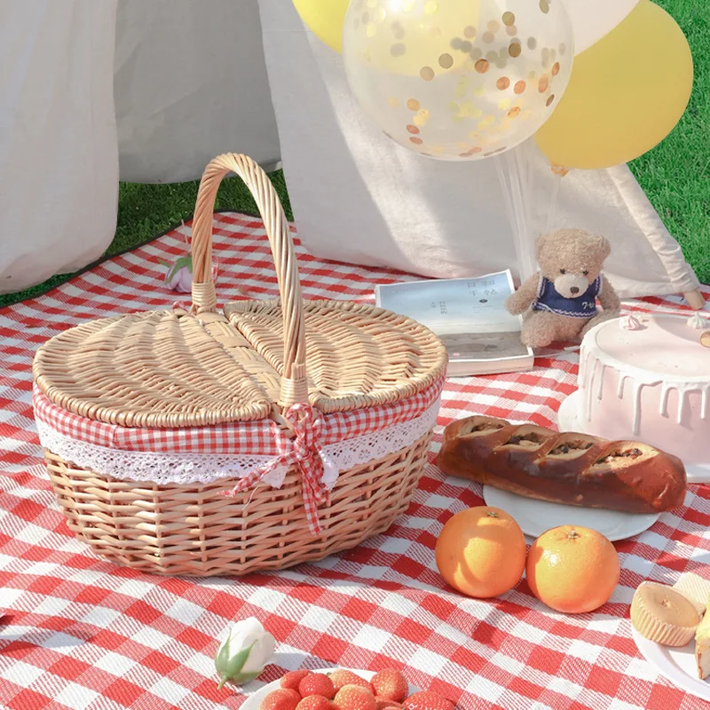 Woven Eggs Basket Handmade Picnic Hamper Candy Willow Basket Picnic Basket With Handle And Double Lids